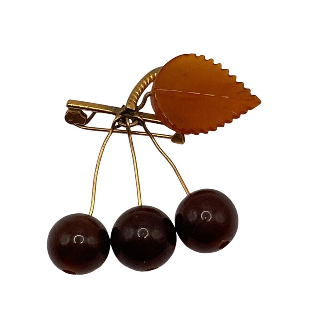 VTG 40s Russian Baltic Amber Cherries & Leaf Dangle Brooch Pin‎ Gold Plated READ